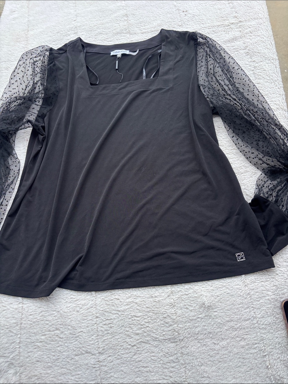 Calvin Klein Black Square Neck Top with Sheer Dot Puff Sleeves